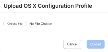 Upload OS X configuration profile dialog with a file chooser and Cancel and Upload buttons.